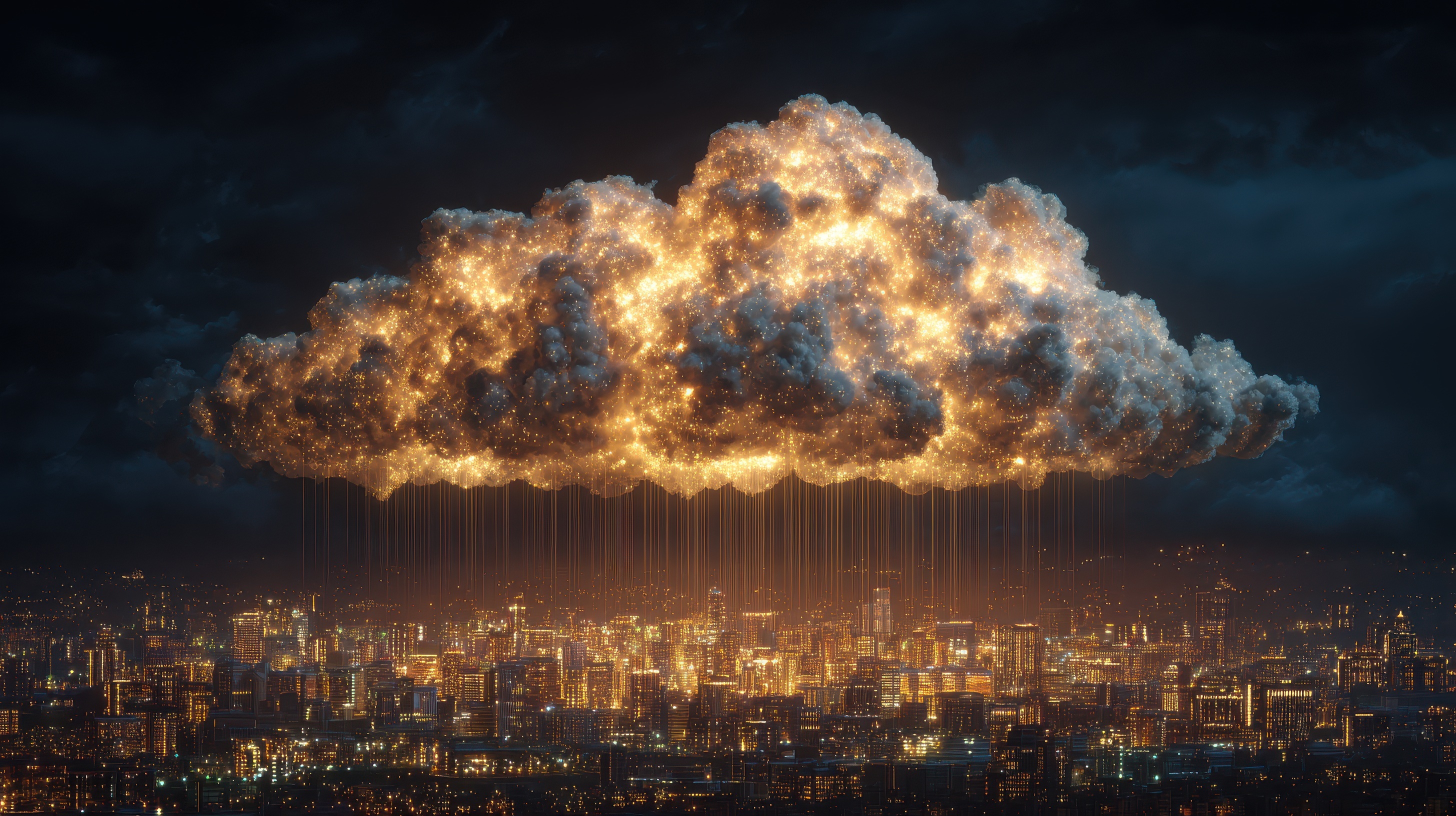 a glowing cloud rains gold light down on a city scape in the night