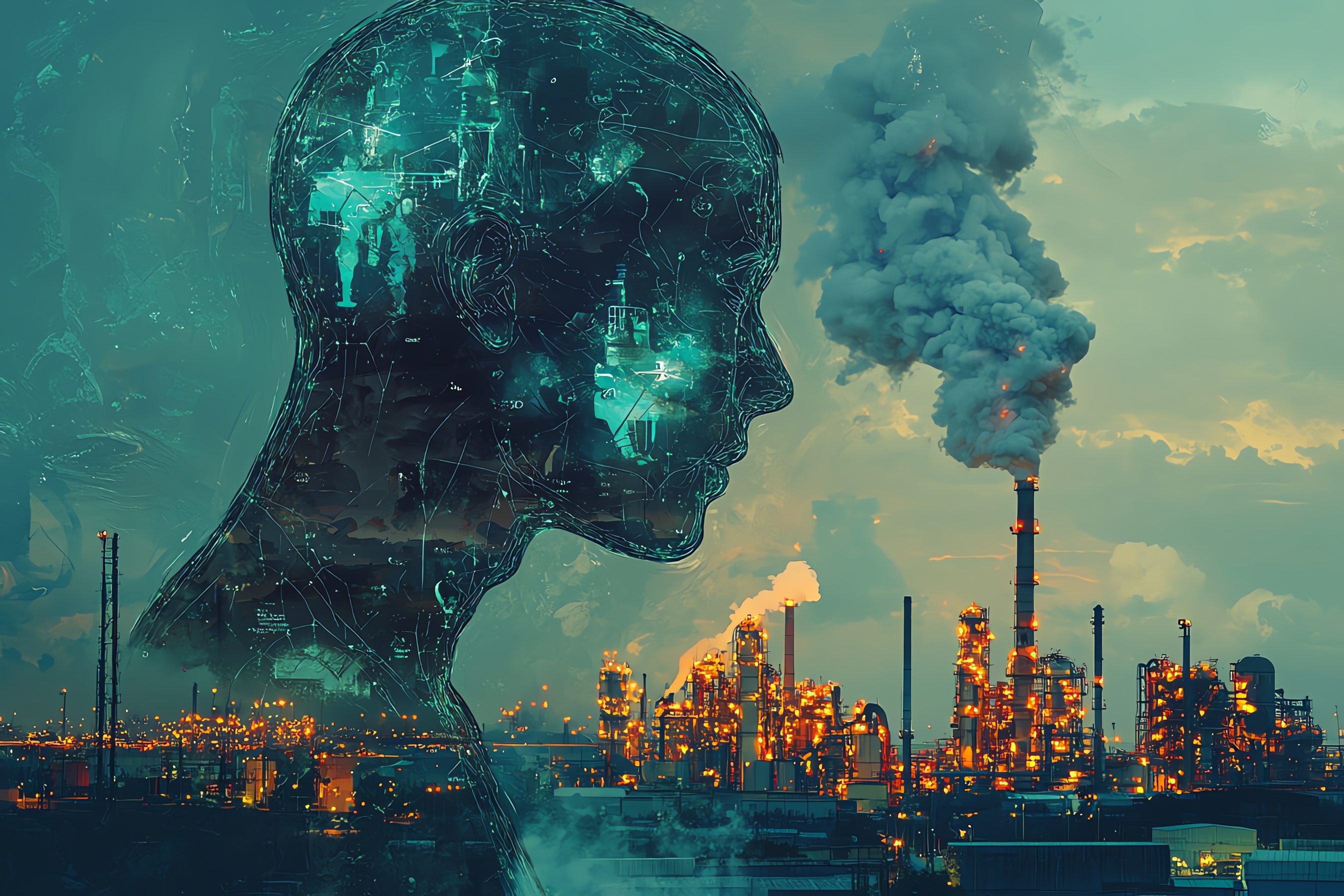 In the foreground a stylised profile of a face made up of distant buildings. The background shows a factory scape with chimneys expelling clouds of smoke